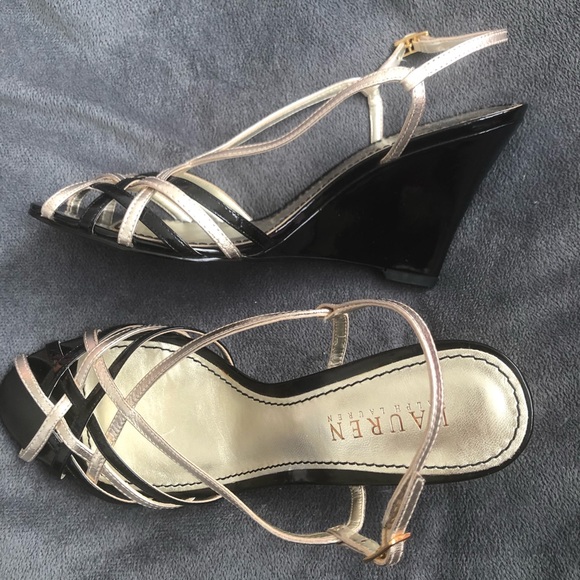 Lauren RL Black Gold Sandal Platform Shoes 6.5 37 - Picture 5 of 14